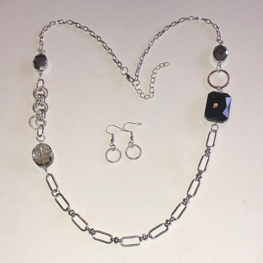 Silver Tone Necklace and Earrings Set with Black and Smoky Accents